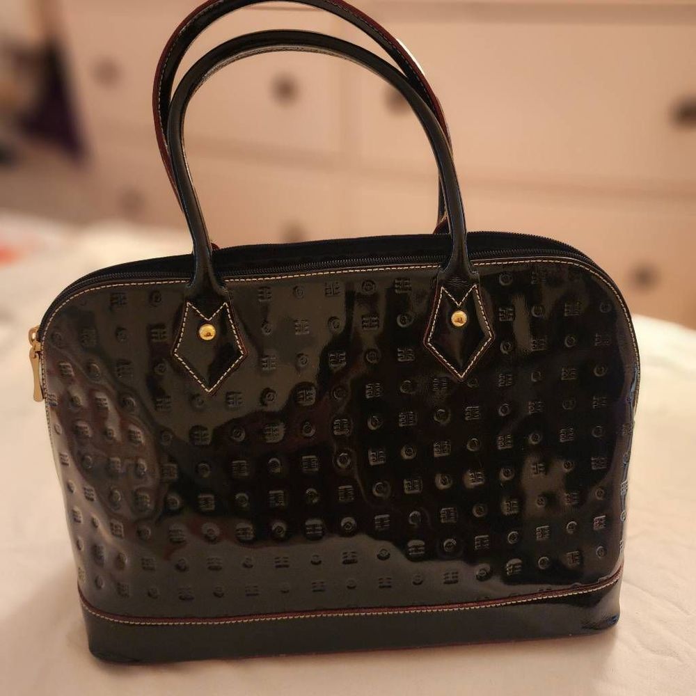 Arcadia Black Patent Leather Satchel with Gold Accents